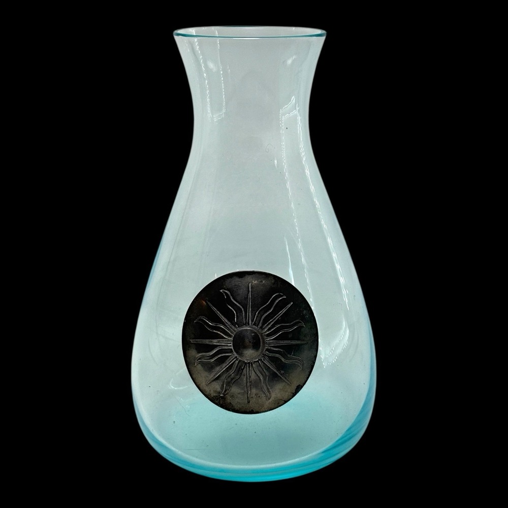 Artisan Handblown Aqua Glass Vase w/ Pewter Sunburst Medallion Signed "A 14/30"